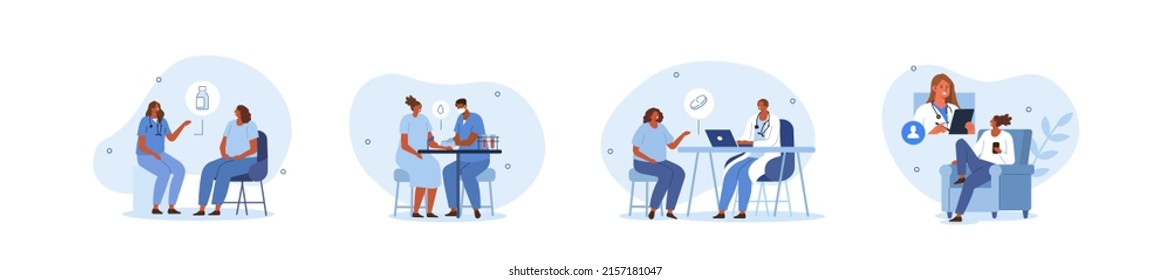 Women's Health Illustration Set. Woman Meeting With Doctor Gynecologist, Endocrinologist And Physician, Having Consultation And Receiving Pills Prescription. Healthcare Concept. Vector Illustration.