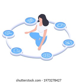 Women's health infographics. Girl sitting in the lotus position.Circle with healthy lifestyle icons. Self- care concept. Vector icon illustration in isometric style. Isolated on white background.