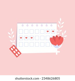 Women's health, menstrual cycle calendar, pills for menstrual pain, yin sign with flower. Concept for tracking menstruation, ovulation, feminine personal hygiene. Flat vector illustration.