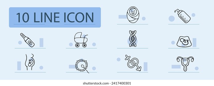 Women's health set line icon. Pregnancy, pills, medicine, treatment, embryo, uterus, baby. Pastel color background. Vector line icon for business and advertising