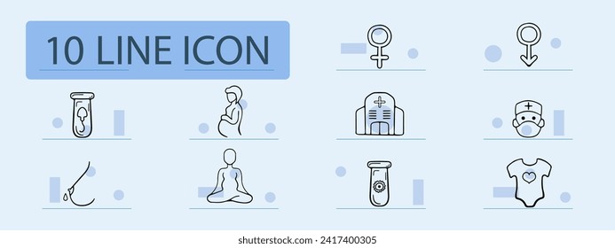 Women's health set line icon. Pregnancy, , embryo, uterus, pills, medicine, treatment baby. Pastel color background. Vector line icon for business and advertising