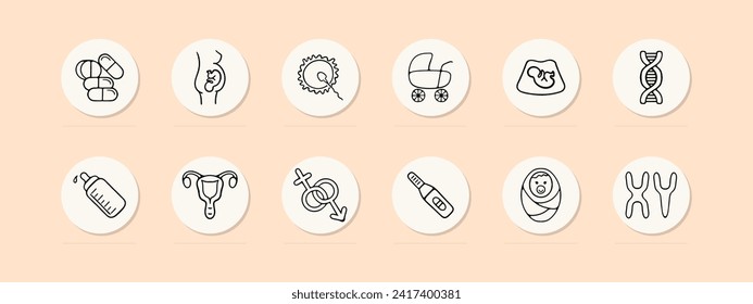 Women's health set line icon. Pregnancy, , embryo, uterus, pills, medicine, treatment baby. Pastel color background. Vector line icon for business and advertising