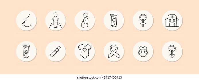 Icono de línea de conjunto de salud de la mujer. Embarazo, píldoras, medicina, tratamiento, embrión, útero, bebé. Fondo de color Pastel Icono de línea de vectores para empresas y publicidad