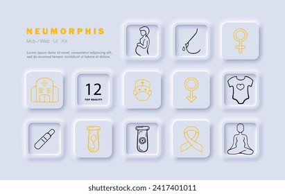 Women's health set line icon. Pregnancy, embryo, pills, medicine, treatment, uterus. Neomorphism style. Vector line icon for business and advertising