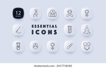 Women's health set line icon. Pregnancy, pills, medicine, treatment, embryo, uterus, baby. Neomorphism style. Vector line icon for business and advertising