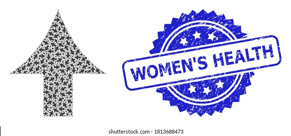 Women'S Health textured stamp seal and vector fractal collage up arrow. Blue stamp seal contains Women'S Health title inside rosette. Vector collage is designed with scattered rotated up arrow items.