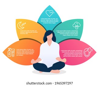 Women's health tips. Girl sitting in lotus position. Flat illustration with infographic elements and icons. Healthy lifestyle concept on white background.