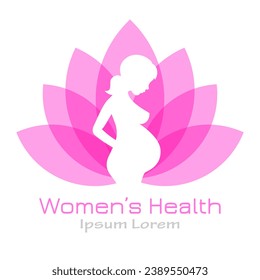 Women's health vector emblem with pregnant woman silhouette isolated on white background. Flat design illustration for obstetrics clinic or medical service, abstract feminity symbol