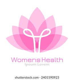 Women's health vector flat icon isolated on white background, uterus symbolic emblem over lotus flower, abstract web design element