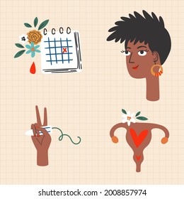 Women's Health Vector Illustration. Medical And Self Care Concept. Conceptual Icons Set: Black Woman, Period Calendar, Tampon And Uterus