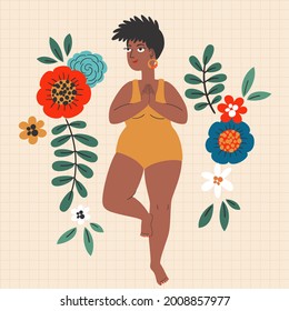 Women's health vector illustration. Medical and self care concept. Black woman staying in a yoga pose surrounded by flowers. Cute hand drawn illustration with bright colors