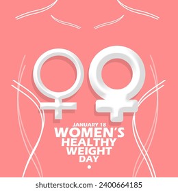Women's Healthy Weight Day event banner. Thin and fat woman symbols with wavy lines and bold text on pink background to commemorate on January 18th