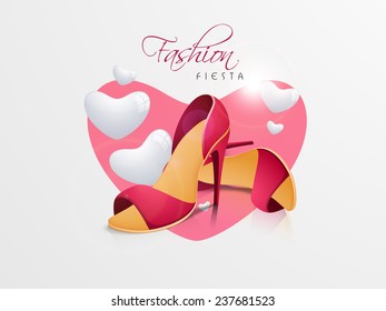 Women's heel sandals with stylish text of Fashion Fiesta and heart shape on light grey background.