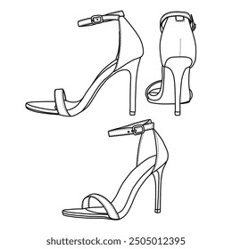 Damen Fersen Sandalen Classic Offene Zehe Stiletto High Heels Line Art, Technische Skizze Handzeichnung Umriss Vektor Doodle Illustration, verschiedene Ansicht einzeln auf weißem Hintergrund