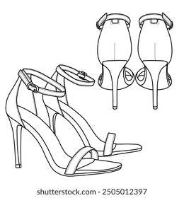 Women's Heeled Sandals Classic Open Toe Stiletto High Heels Line Art, technische Skizze Handzeichnung Umriss Vektor Doodle Illustration, Seiten-und Rückansicht einzeln auf weißem Hintergrund