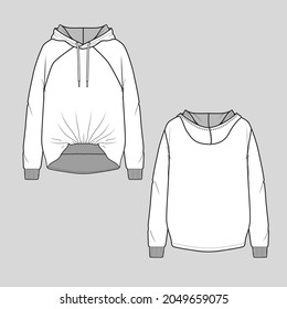 Womens hem Fashion raglan hoodie Sweatshirt cuff rib with gathering detail dip hem long sleeve cad mock up flat sketch technical drawing template design vector