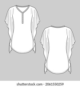 Womens Henley Dolman Sleeve Drape Tunic Top Round Hem Fashion Tee Flat Sketch Technical Drawing Template Vector Design