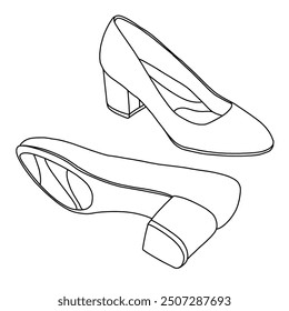 Zapatos de zapatos de zapatos de línea de tacones de dedo del pie cerrado de bloque alto de las mujeres, dibujo técnico dibujando a mano contorno Vector doodle ilustración isométrica y vista inferior aislada sobre fondo blanco