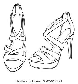 Frauen High Heel Plattform Kleid Pumpe Sandalen Linie Kunst, Technische Skizze Handzeichnung Umriss Vektor Doodle Illustration, Seite und Vorderansicht einzeln auf weißem Hintergrund