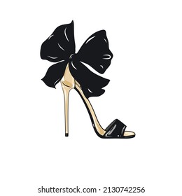 Women's High Heeled Shoes With Black Bow On The Stiletto. Vector Illustration.