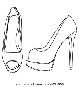 Frauen High Heels Bow Tie Back Stiletto Knöchelriemen Hochzeitskleid Pumps Schuhe Linie Kunst, Technische Skizze Handzeichnung Umriss Vektor Doodle Illustration Vorder-und Seitenansicht einzeln auf weiß