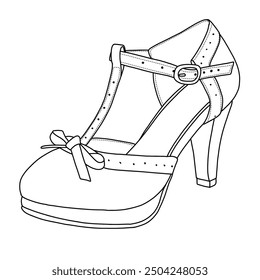 Frauen High Heels Geschlossene Runde Zehe Pumps Schuhe Linie Kunst, Technische Skizze Handzeichnung Umriss Vektor Doodle Illustration isometrische Ansicht einzeln auf weißem Hintergrund