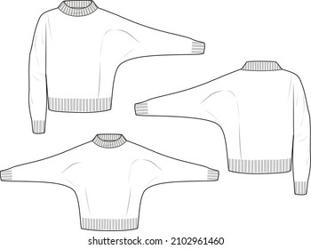 Women's High Neck Batwing Jumper. Technical fashion illustration. Flat apparel sweater template front and back, white color. Women's CAD mock-up.
