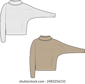 Women's High Neck Batwing Jumper. Technical fashion illustration. Front, white and beige color. Women's CAD mock-up.