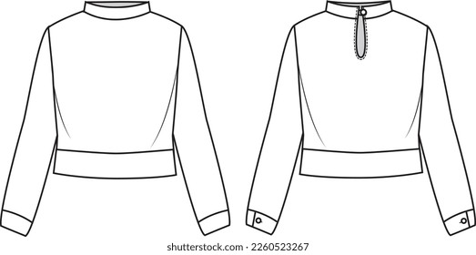 Blusa de cuello alto para mujeres. Ilustración de moda técnica tejida. Funda plana de la blusa de la parte delantera y trasera, color blanco. Burla de CAD de mujeres.