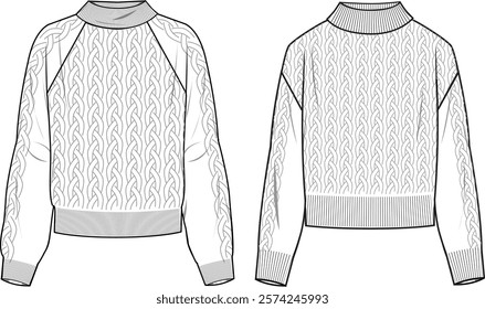 Women's High Neck Cable Jumper. Technical fashion illustration. Front, white color. Women's CAD mock-up.