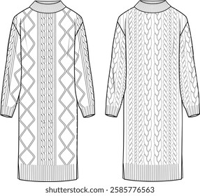 Women's High Neck Cable Knit Dress. Technical fashion illustration. Front, white beige colour. Women's CAD mock-up.