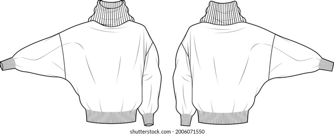 Women's High Neck, Drop Shoulder Sweater- Sweater technical fashion illustration. Flat apparel sweater template front and back, white color. Women's CAD mock-up.