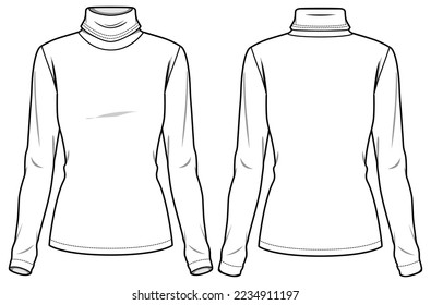 Women's High neck long sleeve T Shirt flat sketch fashion illustration drawing template mock up with front and back view. Turtle neck ladies t-shirt 