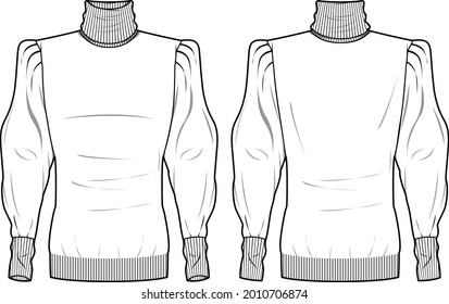 Women's High Neck, Puff Sleeve Sweater- Sweater technical fashion illustration. Flat apparel sweater template front and back, white color. Women's CAD mock-up.