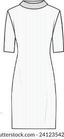 Women's High Neck Short Sleeve Midi Knit Dress. Technical fashion illustration. Front, white color. Women's CAD mock-up.