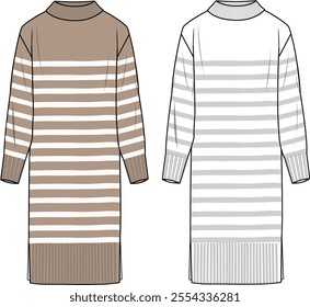 Women's High Neck, Striped Knit Dress. Technical fashion illustration. Front, white and beige colour. Women's CAD mock-up.