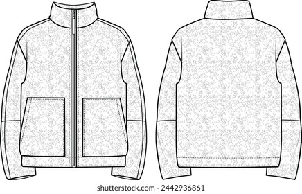 Women's High Neck Teddy Jacket. Technical fashion illustration. Front and back, white colour. Women's CAD mock-