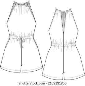 Women's High Neckline Romper Fashion Technical Flat CAD Illustration Vector