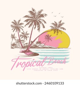 Women's High Summer or swim collection tops print artwork for vintage retro vibes, Tropical Beach slogan typography text, sunshine under the palm tree and bellow beach waves