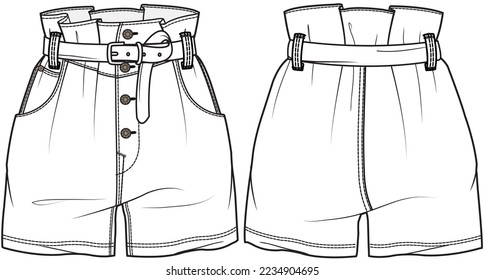 womens high waist belted paperbag shorts flat sketch vector illustration front and back technical cad drawing template