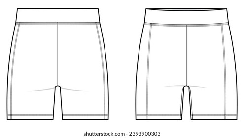 Plantilla de dibujo de moda WWWH's High Waist Biker Shorts. pantalones cortos deportivos para fitness, yoga y correr. leggings Pantalones cortos vectorial moda ilustración plana. vista frontal, vista posterior, juego de simulación CAD.