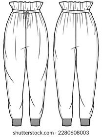 womens high waist drawstring paperbag waist sweatpants flat sketch vector illustration technical cad drawing template