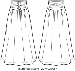 womens high waist lace up flared maxi skirt flat sketch vector illustration technical cad drawing template