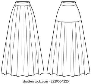 womens high waist a line full length flared maxi skirt flat sketch vector illustration technical cad drawing template