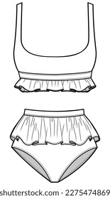 womens high waist scoop neck ruffle bikini set flat sketch vector illustration technical cad drawing template