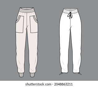 Women's High Waist Tapered Trousers. Trousers technical fashion illustration with elastic waistband. Flat apparel trousers template front and back, white colour. Unisex CAD mock-up.