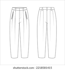 Women's High Waist Tapered Trousers. Trousers technical fashion illustration with. Flat apparel trousers template front and back, white colour. Unisex CAD mock-up