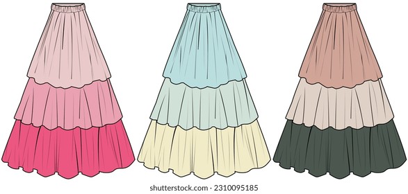 womens high waist tiered skirt flat sketch vector illustration long maxi skirt technical cad drawing template