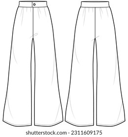 womens high waist wide leg pants flat sketch vector illustration technical cad drawing template