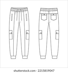 Pantalones de Cargo Lateral de Cargo de Cargo de las Mujeres de Alto Desgaste. Ilustración técnica de moda Joggers con cintura elástica. Videojuegos de prendas planas de delante y atrás, color blanco. Unisex CAD se burla